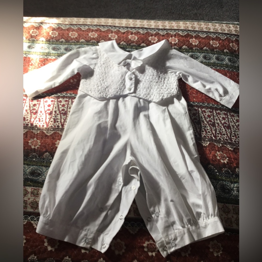 Fantasies kids christening outfit, one pc tuxedo style.
